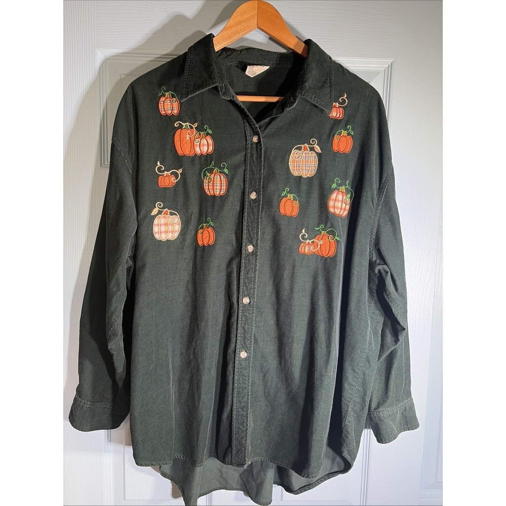 Mandal Bay Green Corduroy Embroidered Pumpkin Blouse. Ladies 2X. Cotton.